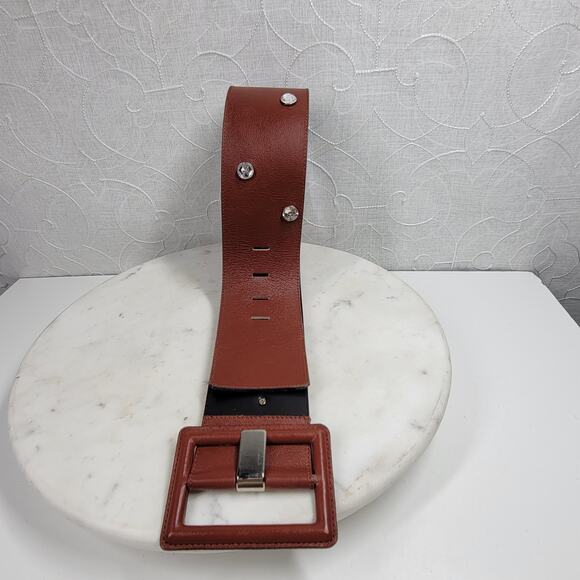 Vintage Yves Saint Laurent Wide Belt S Brown Leather‎ Buckle Rhinestone Rivets main image 14